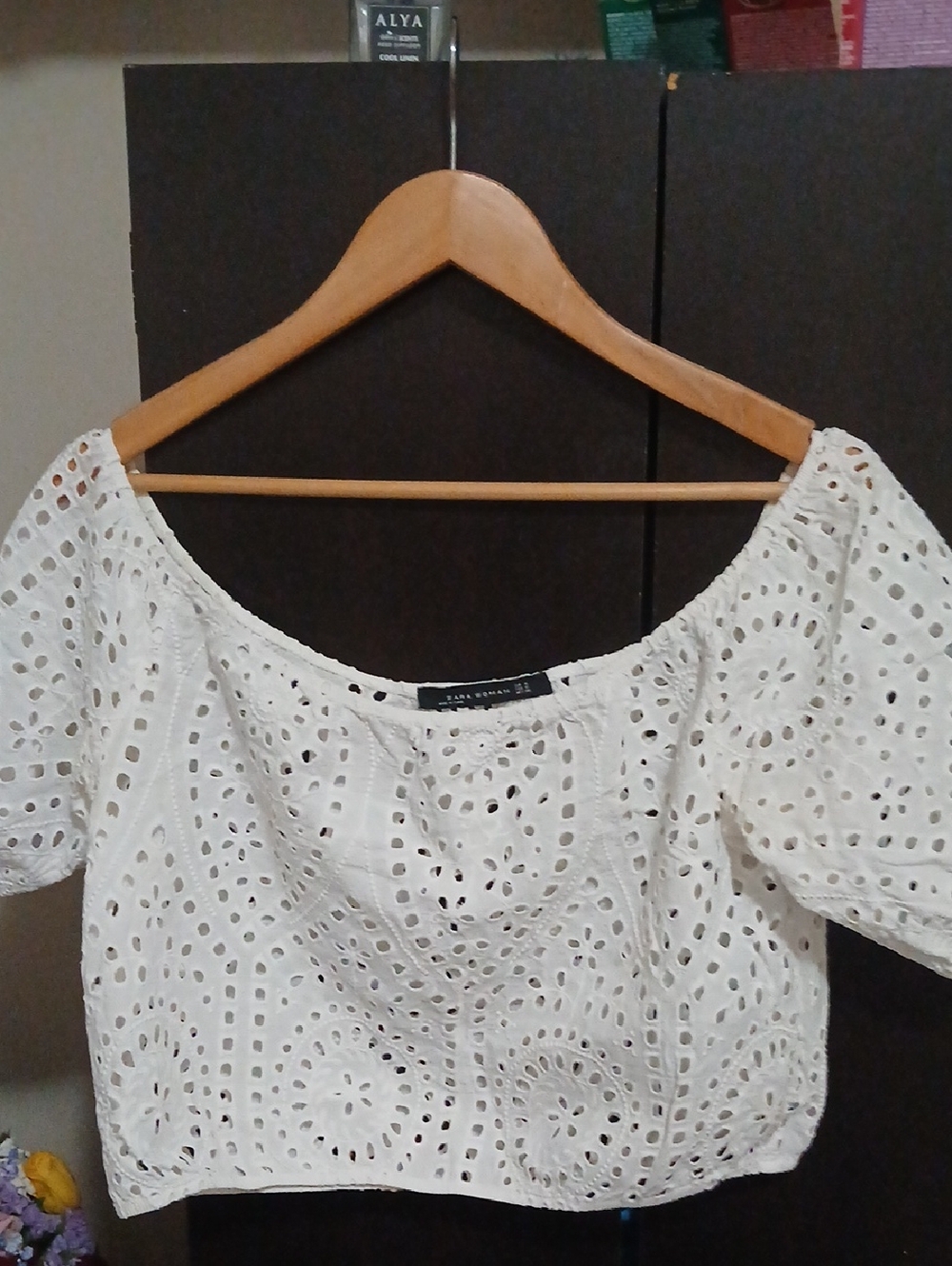 Zara White Eyelet Off-Shoulder Crop